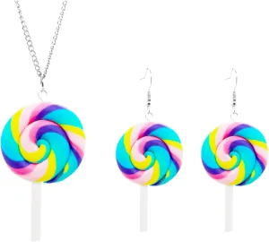 1-5Pair/Set Soft Clay Yummy Lollipop Drop Dangle Earring Colourful Funny 3D Candy Drop Earring Necklace Jewelryset Rainbow Pendant Dangling Earring Accessories for Women Friend