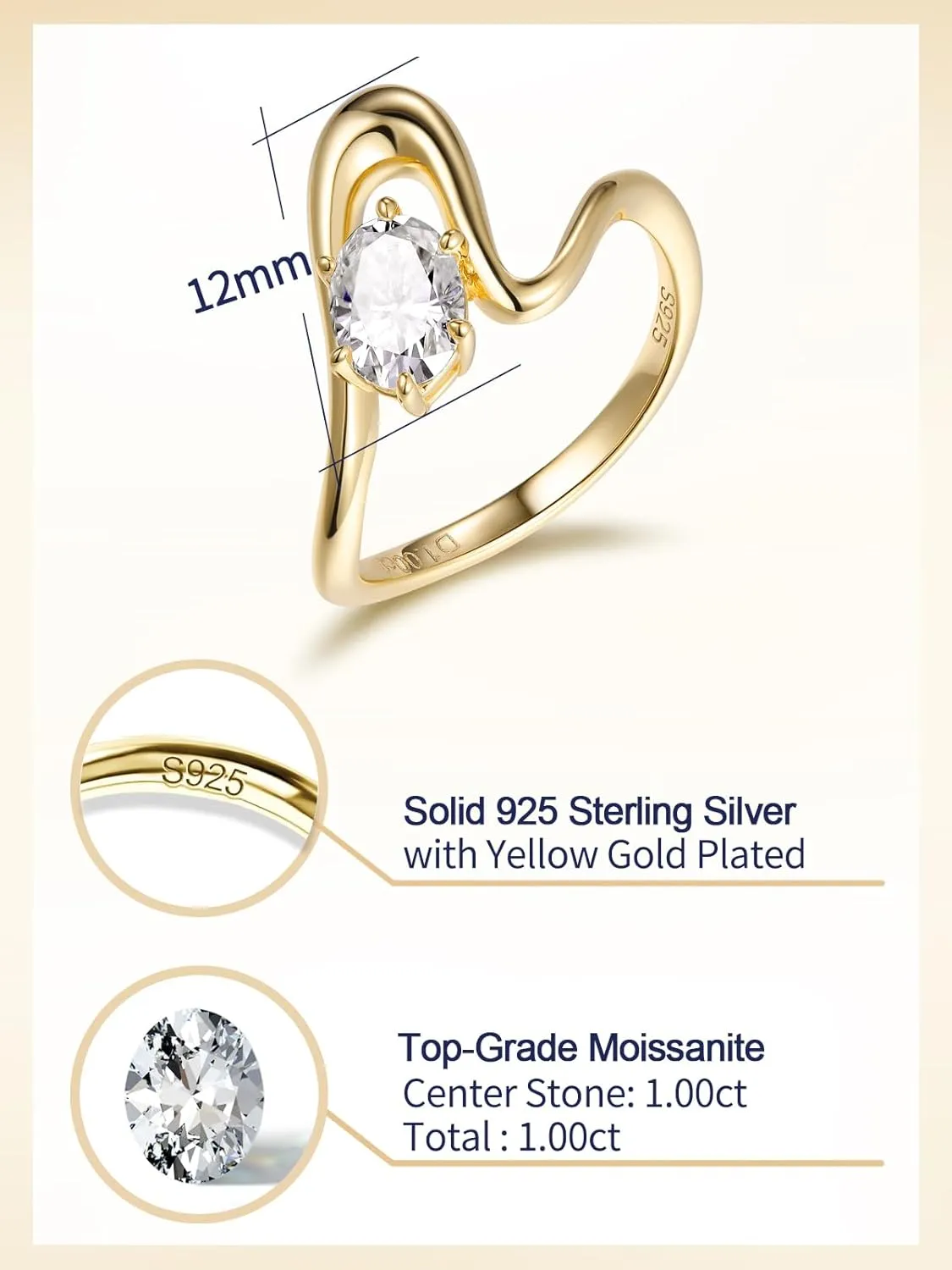 1 Carat Oval Cut Moissanite Novelty Wave Ring for Women, 925 Sterling Silver with 18K Yellow Gold Plated, Wedding Engagement Promise Aniversary Ring, Birthday Valentines Mothers Day Ideal Gift for Her