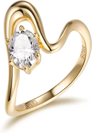 1 Carat Oval Cut Moissanite Novelty Wave Ring for Women, 925 Sterling Silver with 18K Yellow Gold Plated, Wedding Engagement Promise Aniversary Ring, Birthday Valentines Mothers Day Ideal Gift for Her