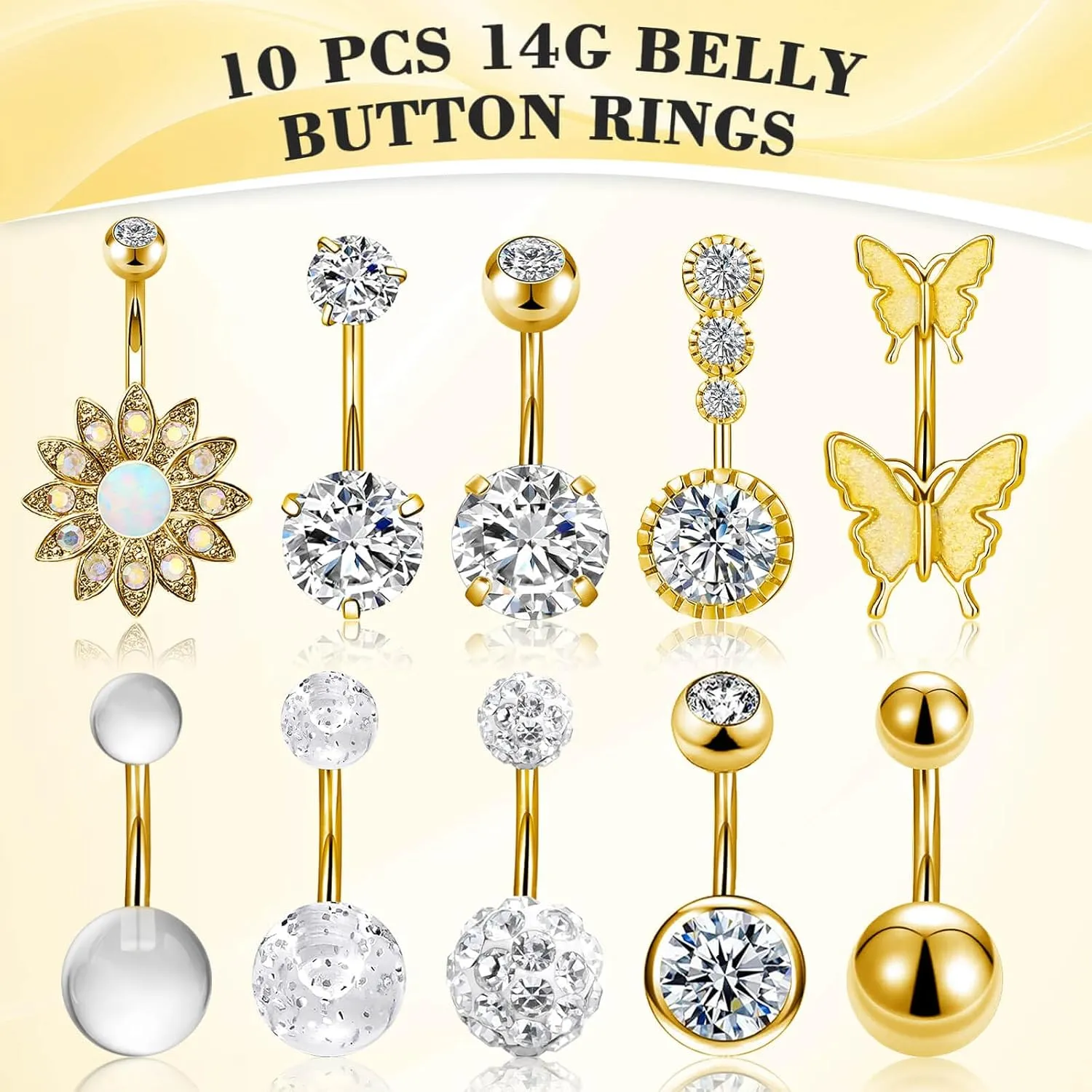 10 Pcs Hypoallergenic Belly Button Rings, 14G Surgical Steel Belly Piercing Jewelry With Cubic Zirconia Diamond Barbs