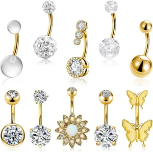 10 Pcs Hypoallergenic Belly Button Rings, 14G Surgical Steel Belly Piercing Jewelry With Cubic Zirconia Diamond Barbs