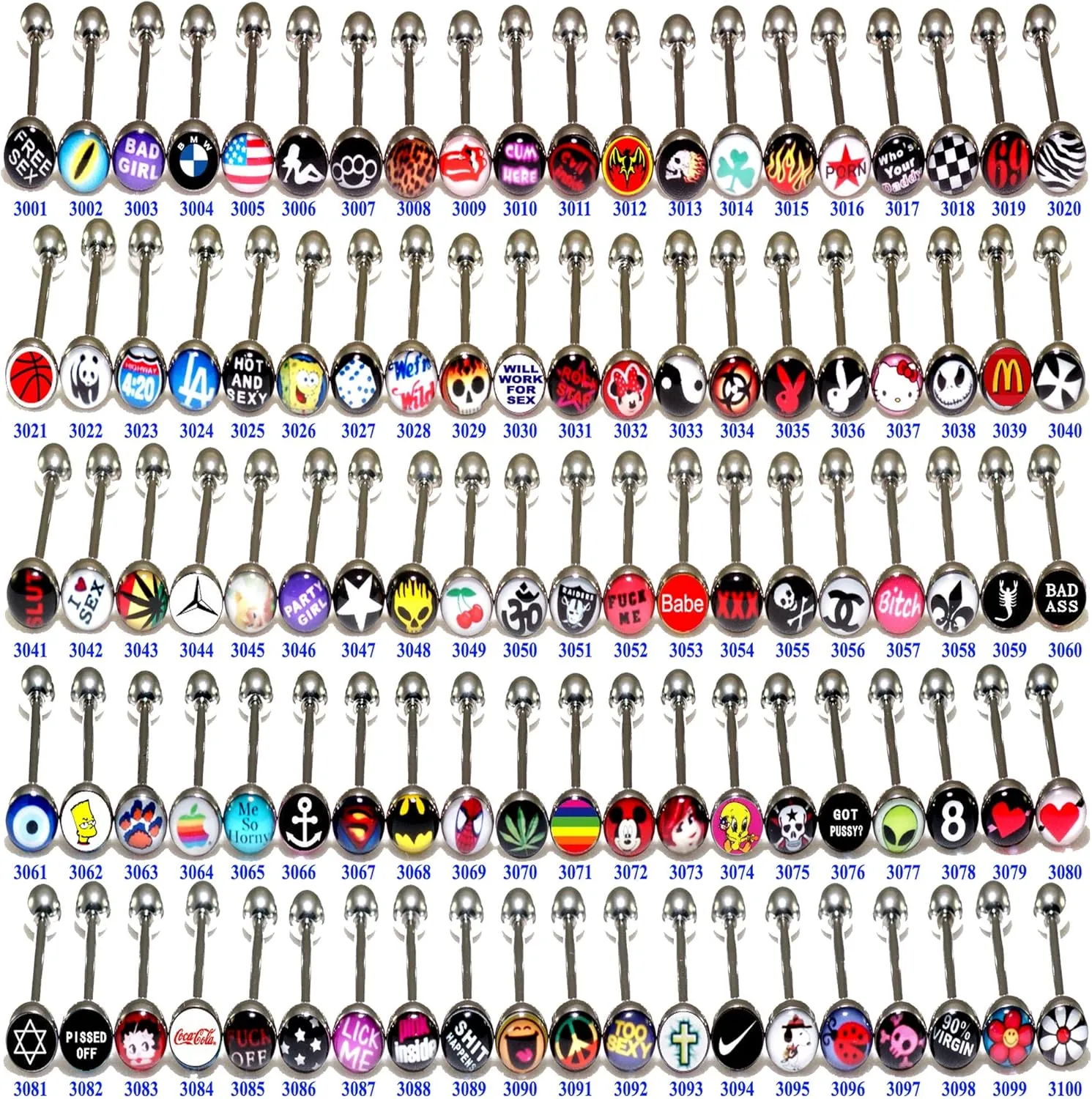 100 Funny Nasty Wordings Picture Logo Signs Tongue Rings 14G ~~Original Listing~~ Surgical Steel Metal Barbells