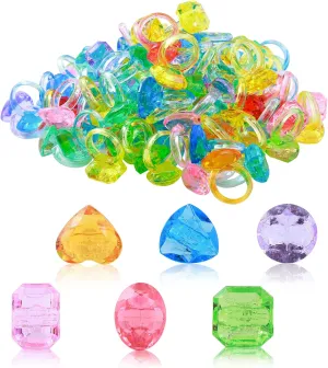 100Pcs Gem Rings Toys for Kids, Bulk Toys Diamond Ring Party Favors for Toddlers, Colorful Princess Ring Dress Up Accessories for Carnival Prizes,Goodie Bag Stuffers,Pinata Fillers,Birthday