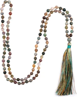 108 Mala Beads Necklace Natural Stones Meditation Necklace 108 Hand Knotted Japa Mala Beaded Tassel Necklace