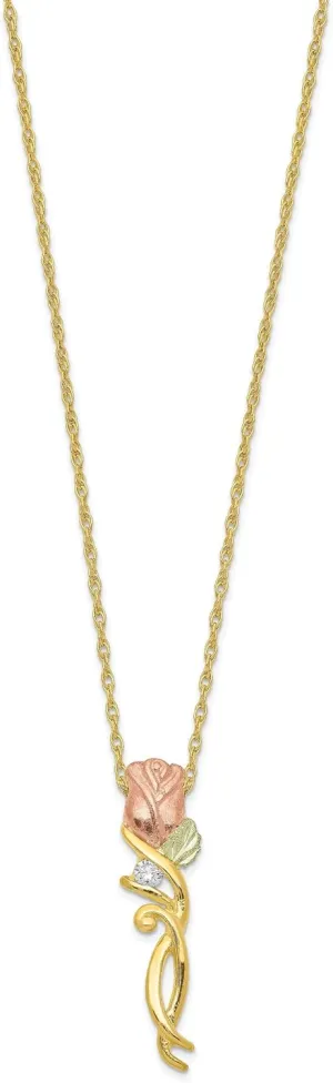 10k Tri-Color Gold Black Hills Gold Diamond Rose Necklace 27x6mm 18 Inches (0.05 cttw, I1-I3 Clarity, I-J Color)