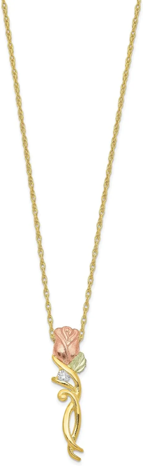 10k Tri-Color Gold Black Hills Gold Diamond Rose Necklace 27x6mm 18 Inches (0.05 cttw, I1-I3 Clarity, I-J Color)