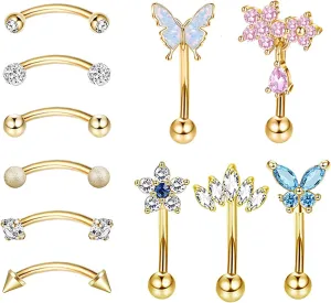 10Pcs Eyebrow Piercing Jewelry Eyebrow Rings 16G Curved Barbell Cartilage Earring Lip Belly Rings Daith Rook Earrings Helix Conch Piercing Tragus Earrings for Women Men