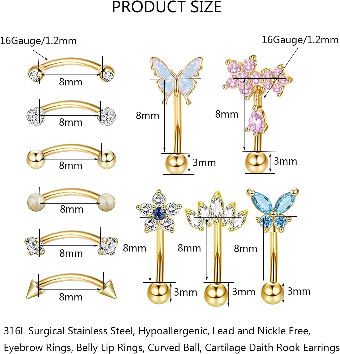 10Pcs Eyebrow Piercing Jewelry Eyebrow Rings 16G Curved Barbell Cartilage Earring Lip Belly Rings Daith Rook Earrings Helix Conch Piercing Tragus Earrings for Women Men