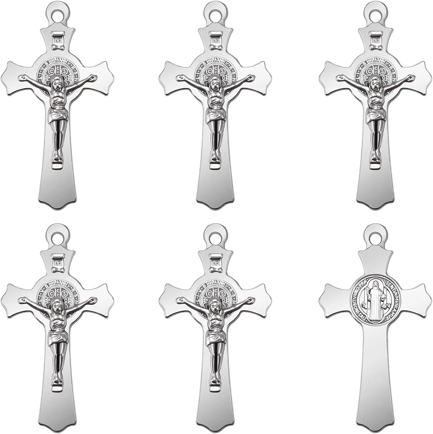 10Pcs Metal Saint Benedict Medals Cross Charm Rosary Center INRI Crucifix Pendant Beads DIY Catholic Jewelry Gifts Necklace Keychain for Men Women