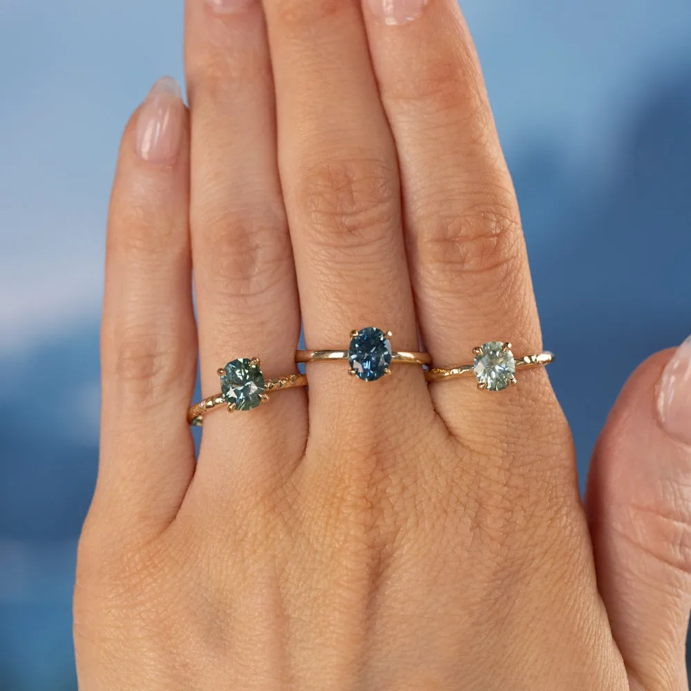 1.23ct Oval Seafoam Green Montana Sapphire Evergreen Carved 4 Prong Solitaire in 14k Yellow Gold