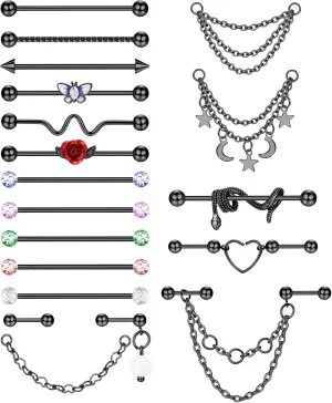 14G Industrial Piercing Jewelry Stainless Steel Industrial Earring for Women Men Snake Chain Dangle Cartilage Helix Piercing Jewelry Industrial Piercing Bar 38MM