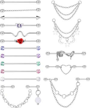 14G Industrial Piercing Jewelry Stainless Steel Industrial Earring for Women Men Snake Chain Dangle Cartilage Helix Piercing Jewelry Industrial Piercing Bar 38MM