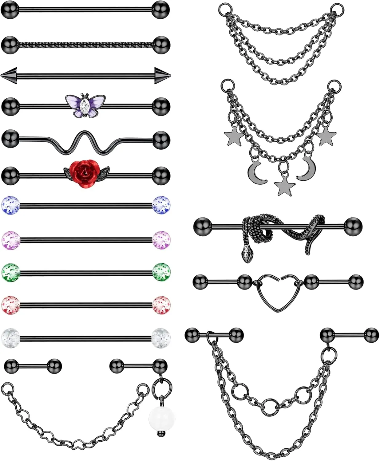 14G Industrial Piercing Jewelry Stainless Steel Industrial Earring for Women Men Snake Chain Dangle Cartilage Helix Piercing Jewelry Industrial Piercing Bar 38MM