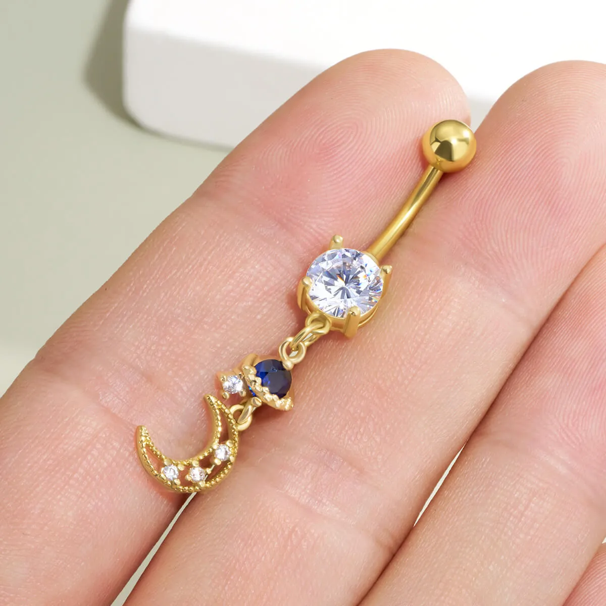 14G Moon and Saturn Dangle Celestial Belly Button Ring