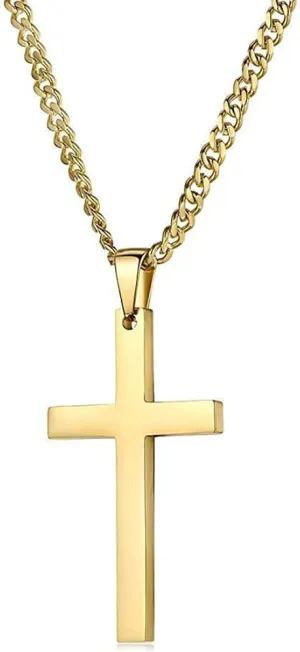 14K Gold Cuban link Chain BIG Cross Flat Pendant Necklace Solid Clasp for Men. PLated Thin for Charms Miami Cuban Link Diamond Cut Fashion jewelry