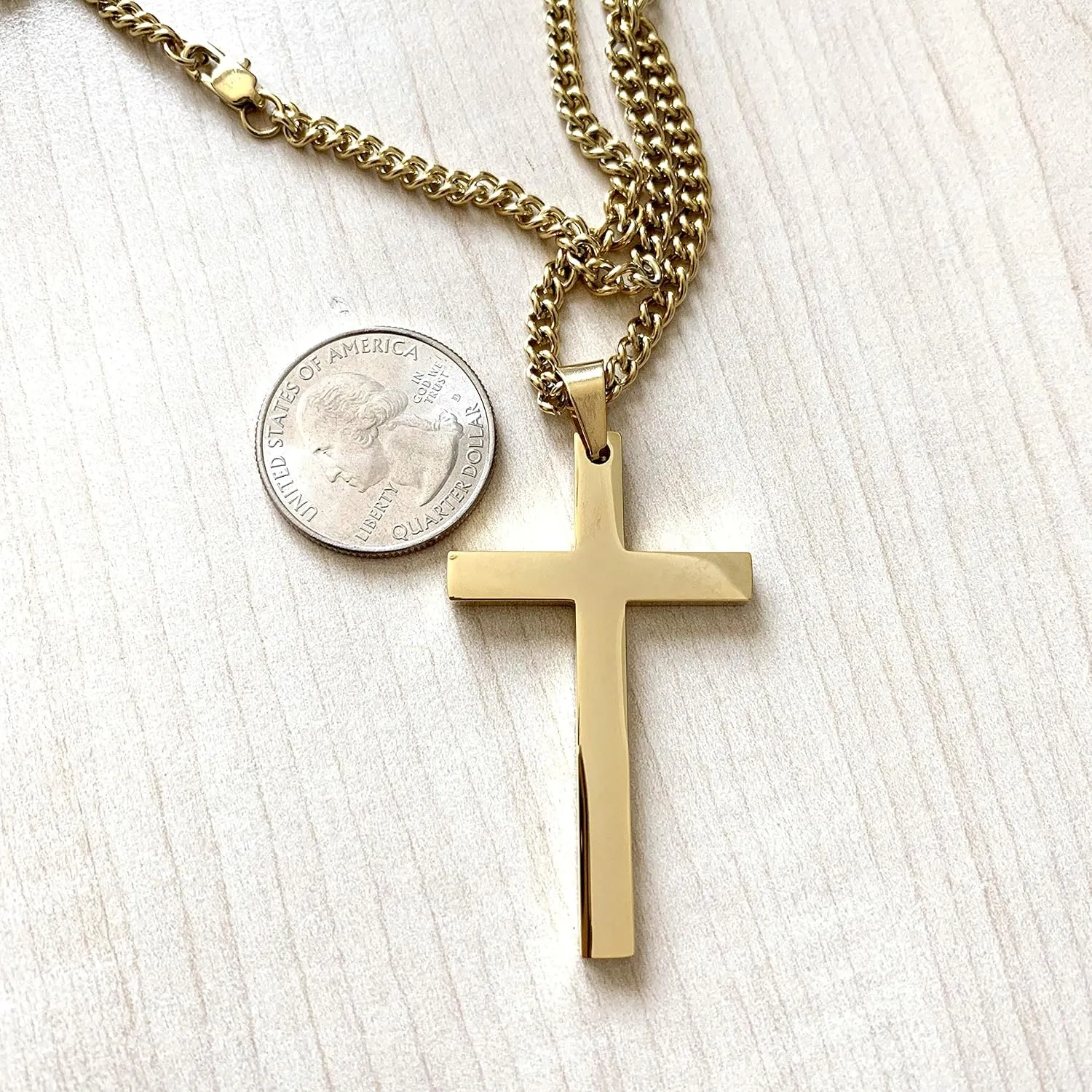 14K Gold Cuban link Chain BIG Cross Flat Pendant Necklace Solid Clasp for Men. PLated Thin for Charms Miami Cuban Link Diamond Cut Fashion jewelry