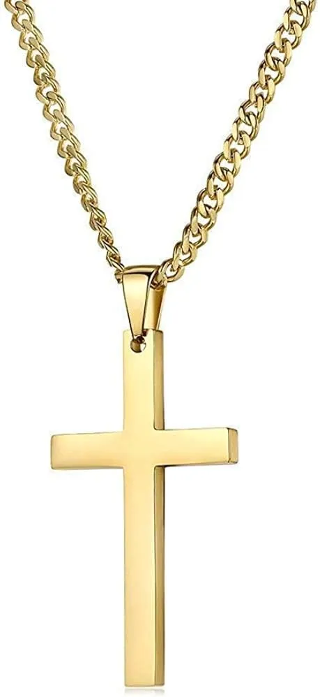 14K Gold Cuban link Chain BIG Cross Flat Pendant Necklace Solid Clasp for Men. PLated Thin for Charms Miami Cuban Link Diamond Cut Fashion jewelry