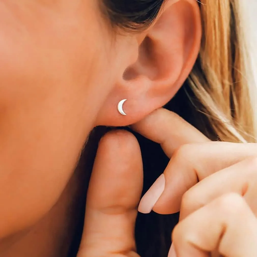 14K Gold Dainty Small Mini Crescent Moon Stud Earrings Minimalist with Screw-backing