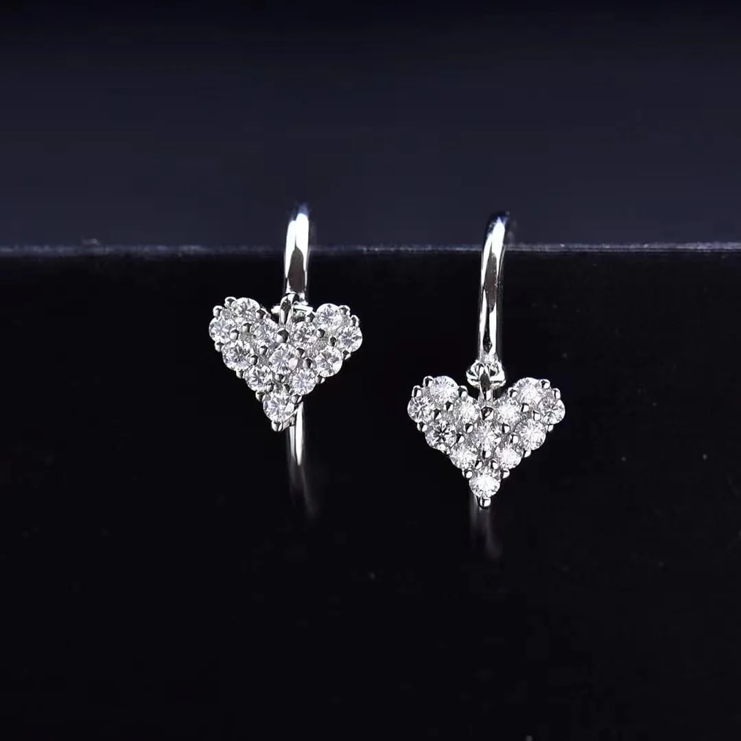 14K Gold Dangle Diamond Earrings for Women with Heart Design, VVS1, D-color - Small Crushed Diamond Ear Hooks