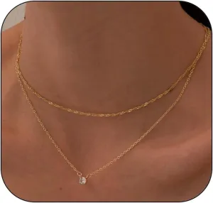 14K Gold Layered Crystal Pendant Necklace for Women, Dainty Sparkling Square Cubic Zircon Choker Cute Simple Stacked Prom Jewelry Accessories Gift