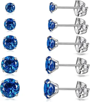 14K Gold Plated 5 Pairs Stud Earrings Set, Premium Hypoallergenic Cubic Zirconia 316L Earrings Surgical Stainless Steel CZ Earrings 3-8mm