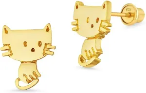 14k Gold Plated Brass Baby Cat Screwback Baby Girls Earrings with Sterling Silver Post