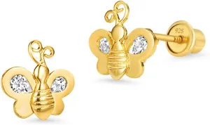 14k Gold Plated Brass Bee Cubic Zirconia Screwback Baby Girls Earrings with Sterling Silver Post