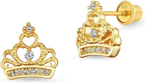 14k Gold Plated Brass Cubic Zirconia Princess Crown Screwback Girls Earrings with Sterling Silver Post