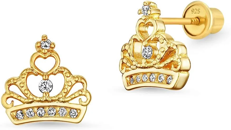 14k Gold Plated Brass Cubic Zirconia Princess Crown Screwback Girls Earrings with Sterling Silver Post