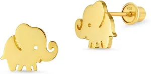 14k Gold Plated Brass Plain Baby Elephant Screwback Baby Girls Earrings with Sterling Silver Post