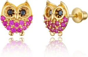 14k Gold Plated Brass Red Owl Cubic Zirconia Screwback Baby Girls Earrings with Sterling Silver Post