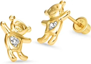 14k Gold Plated Brass Teddy Bear Cubic Zirconia Screwback Girls Earrings with Sterling Silver Post