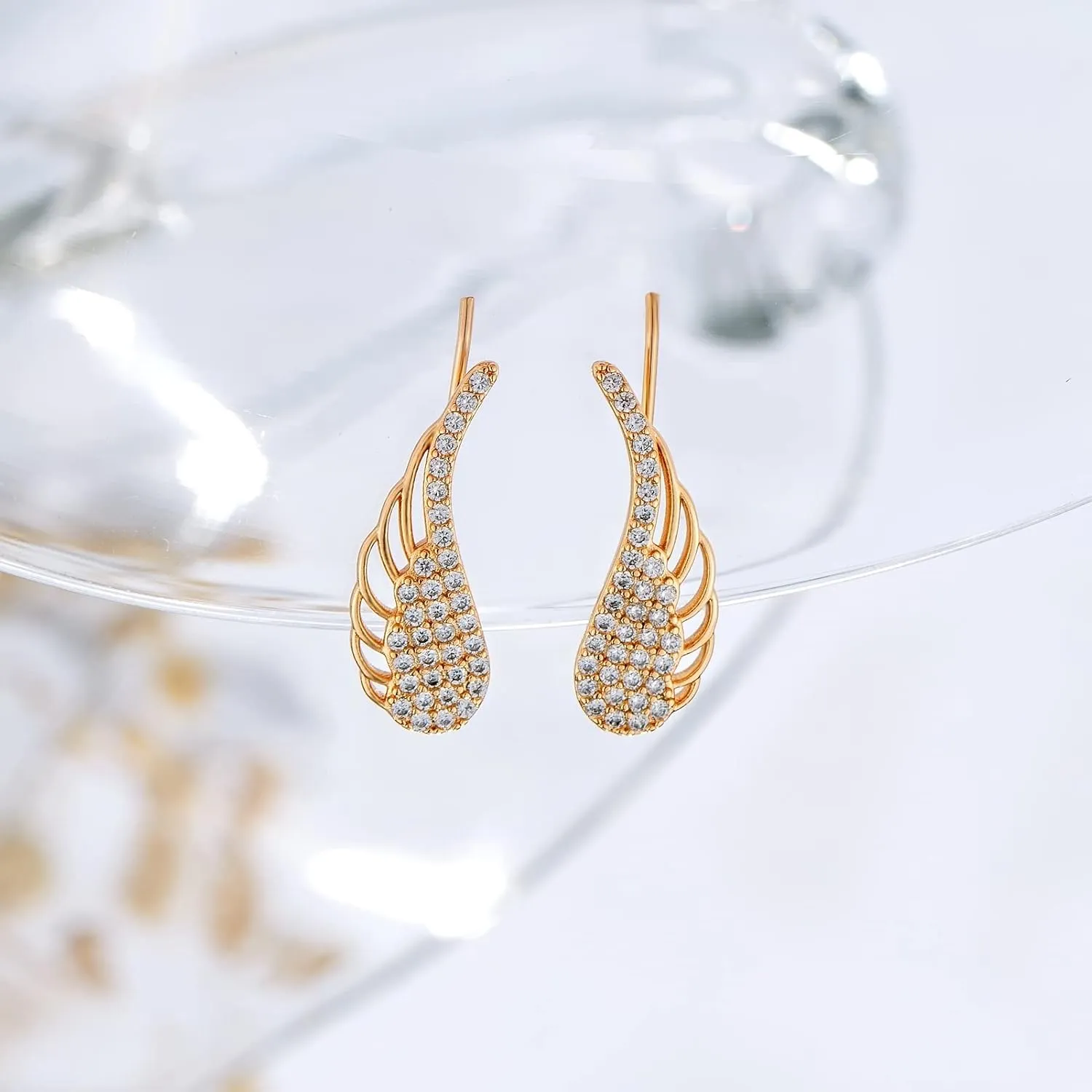 14K Gold Plated Cubic Zirconia Ear Crawler Earrings Faux Diamond Heart Triangle Ear Cuff Climber Earrings Gifts for Her