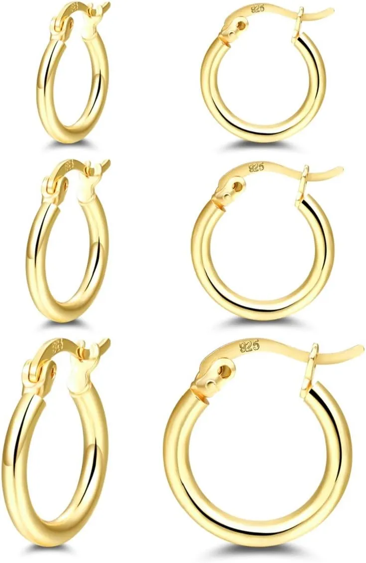 14K Gold Plated Hoop Earrings for Women, 4 Pairs Sterling Silver Post Small Hoops, Gold Huggie Earrings Set for Women Men (13mm 15mm 20mm 25mm)