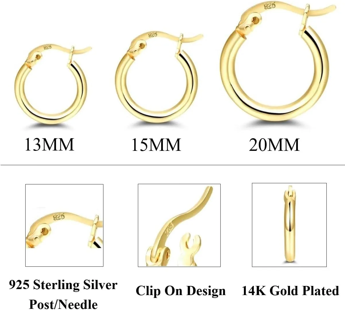 14K Gold Plated Hoop Earrings for Women, 4 Pairs Sterling Silver Post Small Hoops, Gold Huggie Earrings Set for Women Men (13mm 15mm 20mm 25mm)