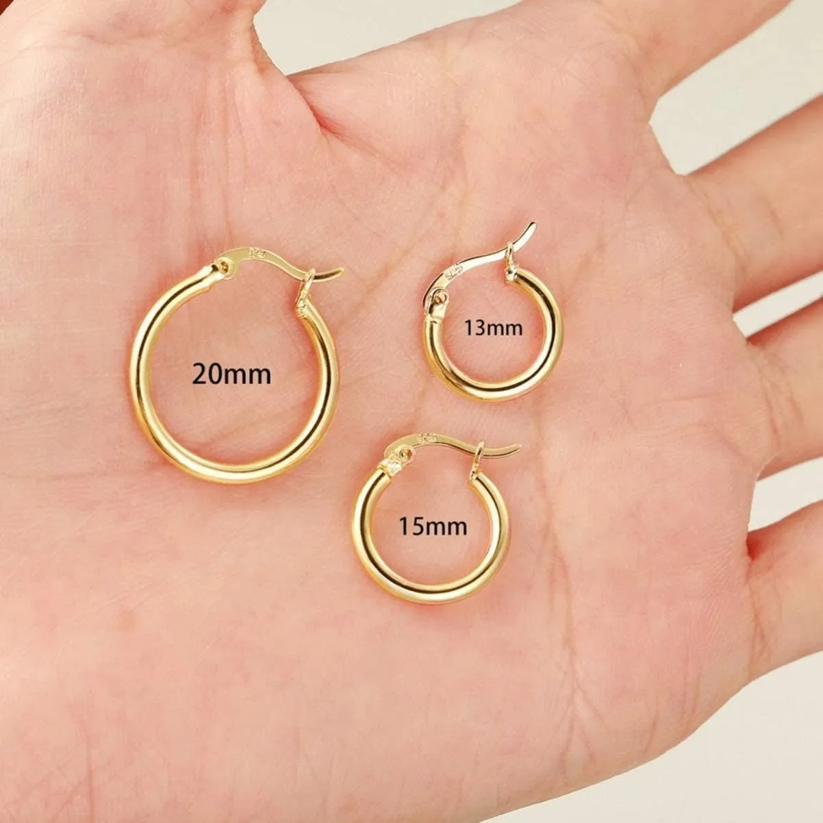 14K Gold Plated Hoop Earrings for Women, 4 Pairs Sterling Silver Post Small Hoops, Gold Huggie Earrings Set for Women Men (13mm 15mm 20mm 25mm)