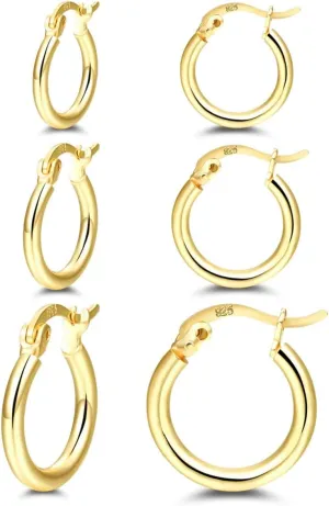 14K Gold Plated Hoop Earrings for Women, 4 Pairs Sterling Silver Post Small Hoops, Gold Huggie Earrings Set for Women Men (13mm 15mm 20mm 25mm)