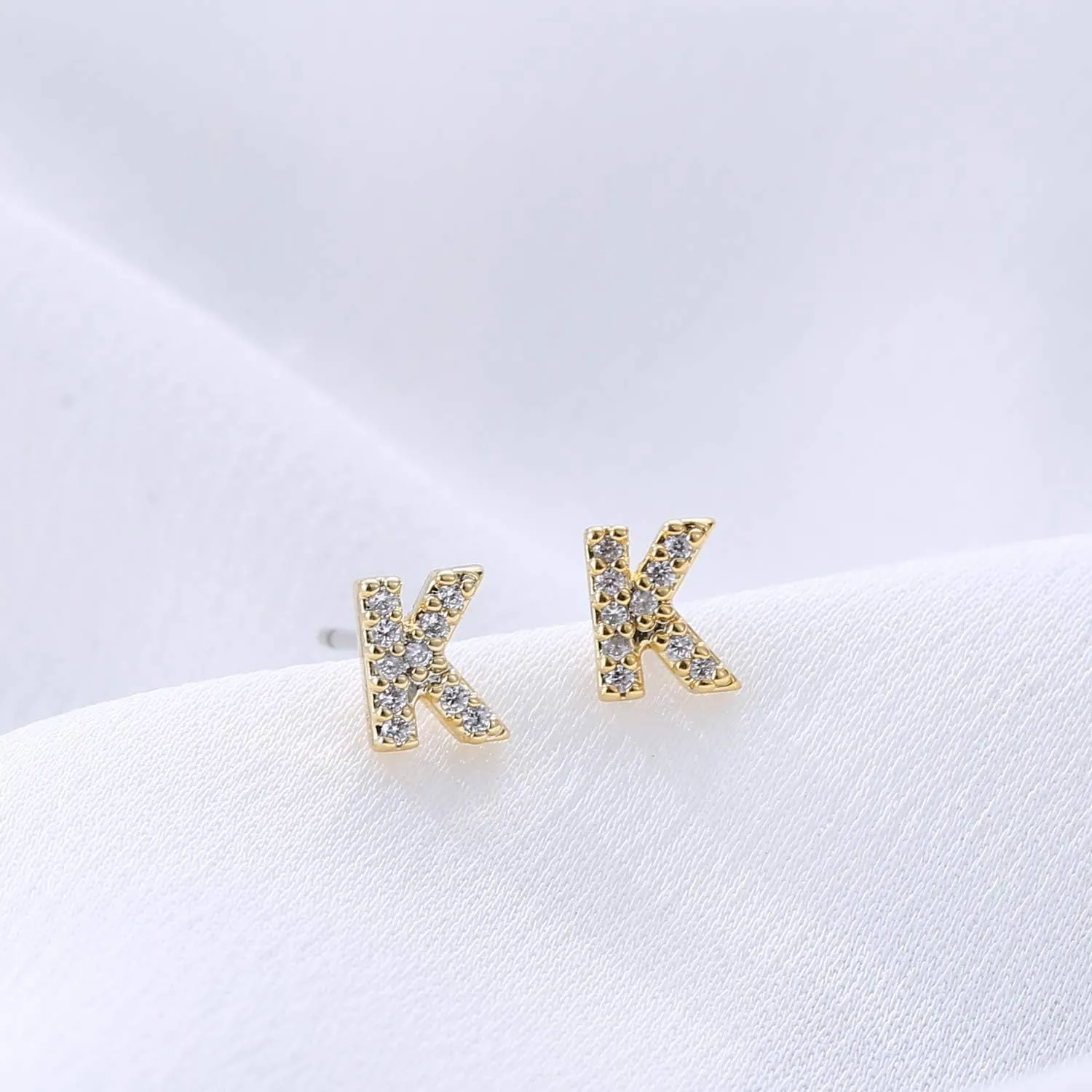 14K Gold Plated Initial Earrings Cubic Zirconia Tiny Letter Earrings Personalized Small CZ Stud Earrings for Women