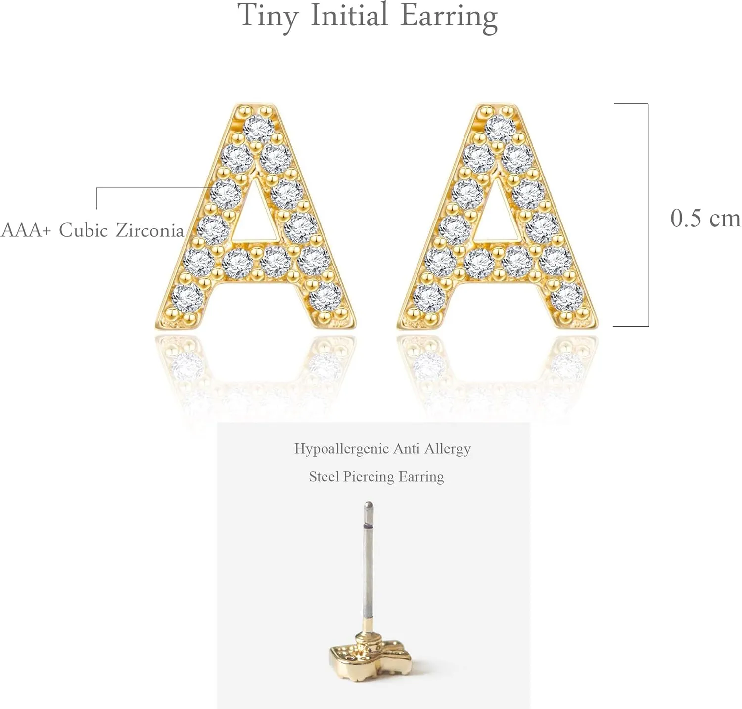 14K Gold Plated Initial Earrings Cubic Zirconia Tiny Letter Earrings Personalized Small CZ Stud Earrings for Women