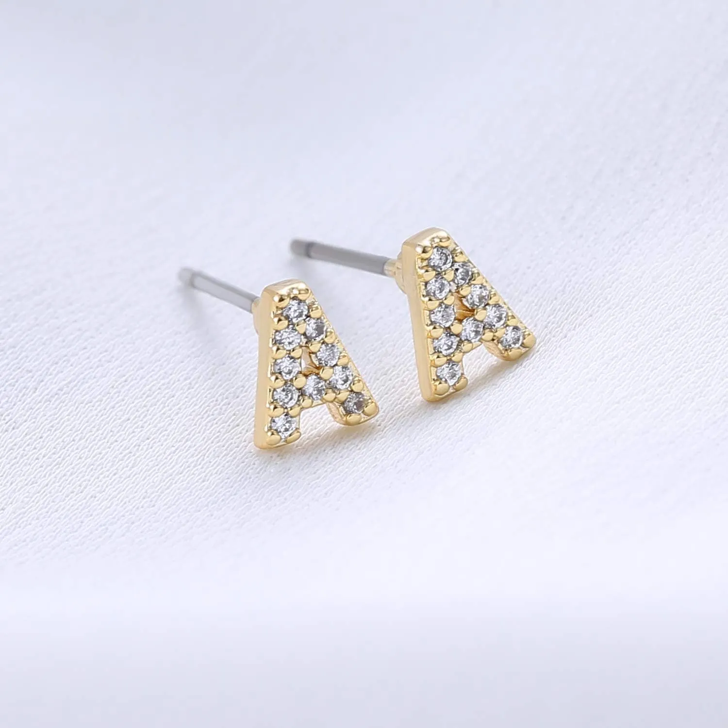 14K Gold Plated Initial Earrings Cubic Zirconia Tiny Letter Earrings Personalized Small CZ Stud Earrings for Women