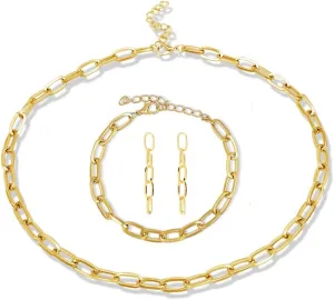 14K Gold Plated Paperclip Alloy Link Chain Choker Necklace Bracelet Earrings Set Punk Oval Dainty Chunky Chain Flat Link Costume Jewelry Set for Women Men Party Gifts Jewelry