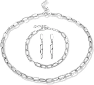 14K Gold Plated Paperclip Alloy Link Chain Choker Necklace Bracelet Earrings Set Punk Oval Dainty Chunky Chain Flat Link Costume Jewelry Set for Women Men Party Gifts Jewelry