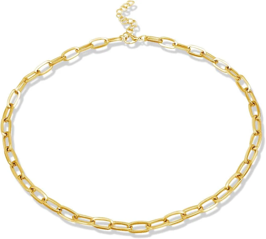 14K Gold Plated Paperclip Alloy Link Chain Choker Necklace Bracelet Earrings Set Punk Oval Dainty Chunky Chain Flat Link Costume Jewelry Set for Women Men Party Gifts Jewelry