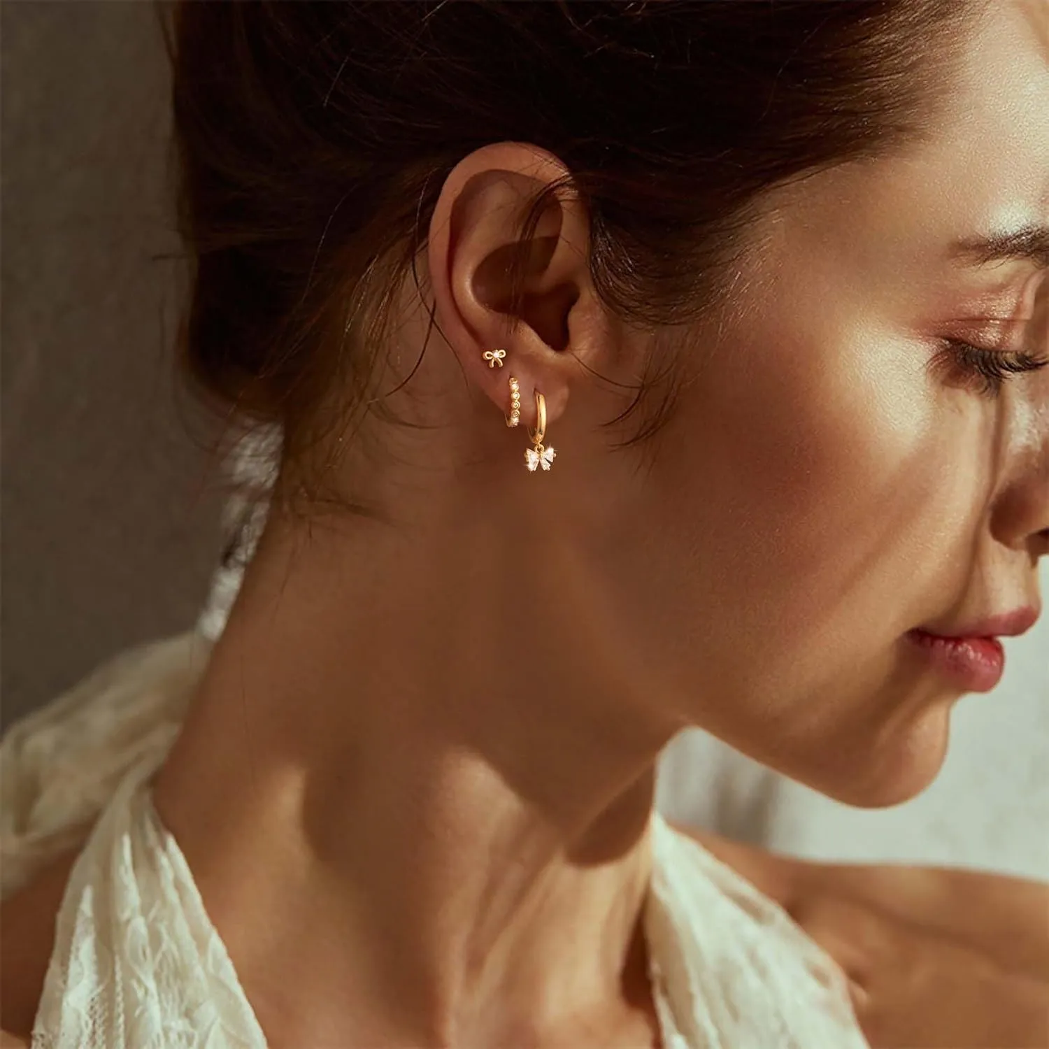14K Gold Plated Small Dangle Hoop Earrings Set for Multiple Piercing Dainty Hypoallergenic Stud Earrings for Women Trendy Pearl Butterfly Bow CZ Clover Huggie Earring Fashion Womens Jewelry