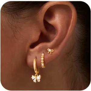14K Gold Plated Small Dangle Hoop Earrings Set for Multiple Piercing Dainty Hypoallergenic Stud Earrings for Women Trendy Pearl Butterfly Bow CZ Clover Huggie Earring Fashion Womens Jewelry