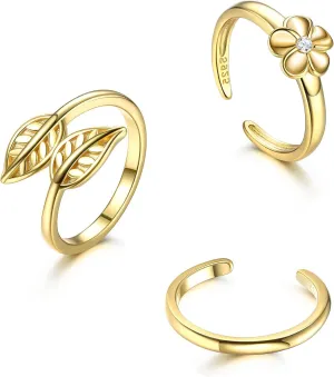 14K Gold Plated Toe Rings For Women 925 Sterling Silver Open Tail Rings Leaf Flower Knuckle Stackable Rings Simple Snake Adjustable Toe Rings Summer Beach Foot Jewelry Set