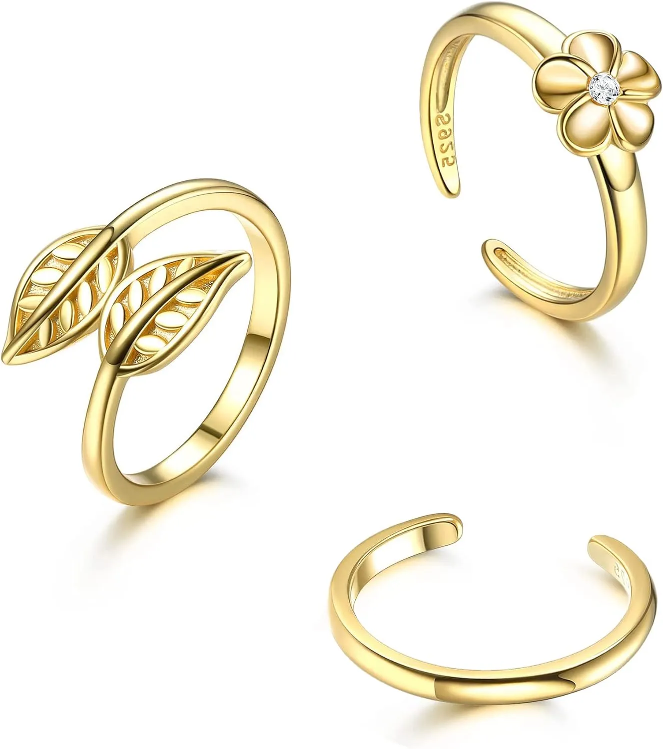 14K Gold Plated Toe Rings For Women 925 Sterling Silver Open Tail Rings Leaf Flower Knuckle Stackable Rings Simple Snake Adjustable Toe Rings Summer Beach Foot Jewelry Set