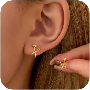 14K Gold Plated X Stud Earrings for Women Trendy 925 Sterling Silver Cubic Zirconia Nail Earrings Minimalist Hypoallergenic Split Huggie Hoop Earrings Birthday Graduation Gifts