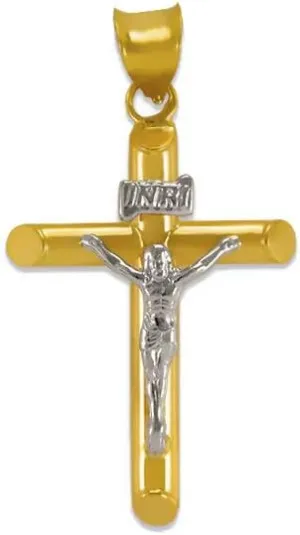 14K Gold Round Tube Jesus Cross Pendant - Luxury Catholic Christian Religious Necklace - Nice Jewelry Gift for Women and Men - Size 36 MM