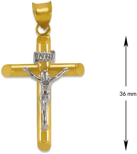 14K Gold Round Tube Jesus Cross Pendant - Luxury Catholic Christian Religious Necklace - Nice Jewelry Gift for Women and Men - Size 36 MM